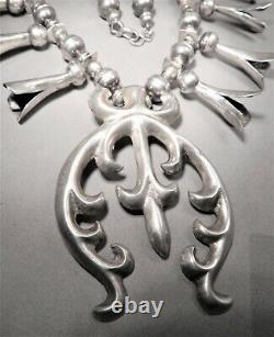 Vtg Navajo Sterling Silver Squash Blossom Necklace, Sand Cast Naja, 18 Blossoms