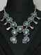 Vtg Old Pawn Navajo Squash Blossom Sterling Silver Turquoise Necklace 75g