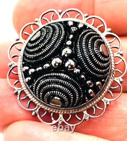 Vtg Plata de Jalisco Signed JFCM Sterling Silver Black Mosaic Art Deco Brooch