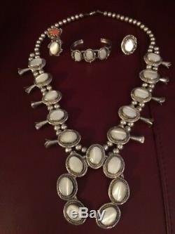 Vtg SS Navajo Mother of Pearl Squash Blossom Necklace + 2 Rings+Bracelet +++++