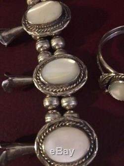 Vtg SS Navajo Mother of Pearl Squash Blossom Necklace + 2 Rings+Bracelet +++++