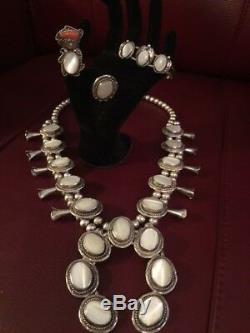 Vtg SS Navajo Mother of Pearl Squash Blossom Necklace + 2 Rings+Bracelet +++++