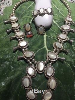 Vtg SS Navajo Mother of Pearl Squash Blossom Necklace + 2 Rings+Bracelet +++++