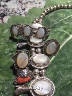 Vtg SS Navajo Mother of Pearl Squash Blossom Necklace + 2 Rings+Bracelet +++++