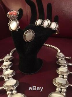 Vtg SS Navajo Mother of Pearl Squash Blossom Necklace + 2 Rings+Bracelet +++++