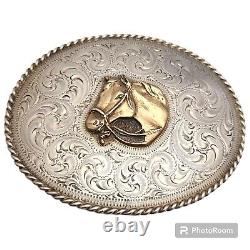 Vtg SSS Hand Made Engraved Sterling Silver Horse Head Western Belt Buckle 91gr