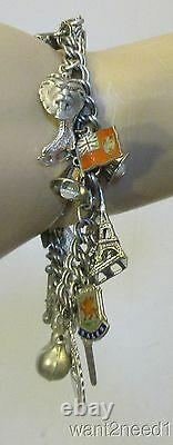 Vtg STERLING SILVER CHARM BRACELET 20P loaded Eiffel Tower bee kiss shoe key 52g