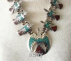 Vtg Signed 925 Turquoise Coral Squash Blossom Necklace Thunderbird Motif 167gr