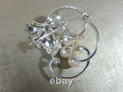 Vtg Signed Mikimoto Sterling Silver Akoya Pearl Grape Cluster Leaf Vines Brooch