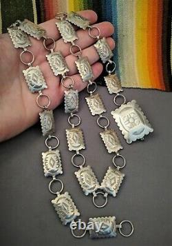 Vtg. Solid Sterling Silver Native American Navajo Stamped Concho Belt Necklace