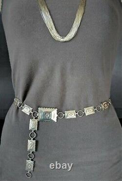 Vtg. Solid Sterling Silver Native American Navajo Stamped Concho Belt Necklace