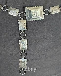 Vtg. Solid Sterling Silver Native American Navajo Stamped Concho Belt Necklace