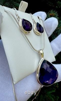 Vtg. Stamped Sterling Silver Amethyst Hook Earrings & 925 Chain Necklace Set
