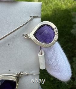 Vtg. Stamped Sterling Silver Amethyst Hook Earrings & 925 Chain Necklace Set