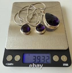 Vtg. Stamped Sterling Silver Amethyst Hook Earrings & 925 Chain Necklace Set