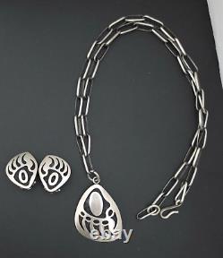 Vtg Sterling Silver HOPI Bernard Dawahoya Bear Paw Necklace Earrings Set Overlay