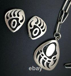 Vtg Sterling Silver HOPI Bernard Dawahoya Bear Paw Necklace Earrings Set Overlay