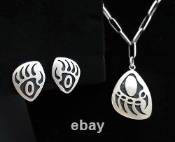 Vtg Sterling Silver HOPI Bernard Dawahoya Bear Paw Necklace Earrings Set Overlay