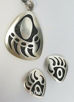 Vtg Sterling Silver HOPI Bernard Dawahoya Bear Paw Necklace Earrings Set Overlay