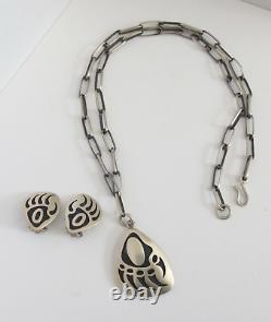 Vtg Sterling Silver HOPI Bernard Dawahoya Bear Paw Necklace Earrings Set Overlay