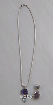 Vtge Italian Sterling Silver Snake 20 Chain Necklace withTwo 925 GemstonePendants