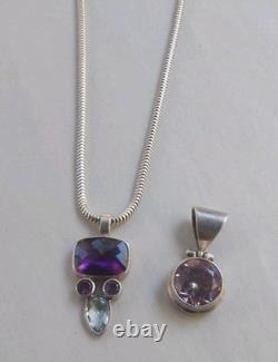 Vtge Italian Sterling Silver Snake 20 Chain Necklace withTwo 925 GemstonePendants