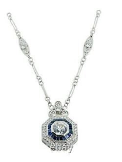 White Round Pendant Vintage Style Necklace 925 Sterling Silver Blue Halo 21inch