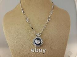 White Round Pendant Vintage Style Necklace 925 Sterling Silver Blue Halo 21inch