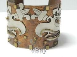 Wide Cuff Aztec Maya Vintage Mexican Sterling Silver + Copper Bracelet Mexico
