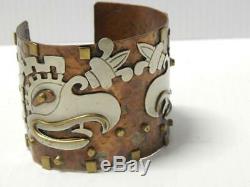 Wide Cuff Aztec Maya Vintage Mexican Sterling Silver + Copper Bracelet Mexico