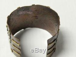 Wide Cuff Aztec Maya Vintage Mexican Sterling Silver + Copper Bracelet Mexico