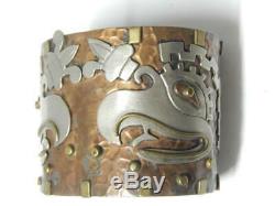 Wide Cuff Aztec Maya Vintage Mexican Sterling Silver + Copper Bracelet Mexico