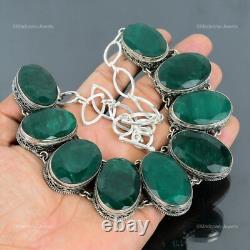 Zambian Emrald Gemstone Bezel Vintage Chain Necklace Jewelry 925 Sterling Silver