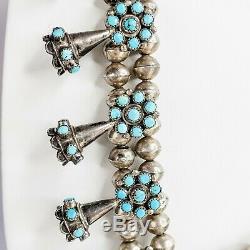 Zuni Vintage Sterling Silver and Turquoise Snake Eye Squash Blossom Necklace