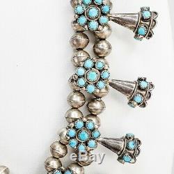 Zuni Vintage Sterling Silver and Turquoise Snake Eye Squash Blossom Necklace