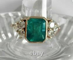 14k Or Jaune Plus De 2.50ct Emerald Cut Green Emerald Antique Vintage Ring