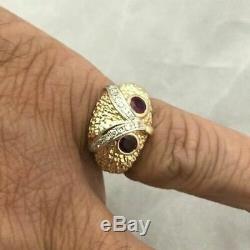 14k Or Jaune Plus Vintage Owl Head Ruby Domaine De Diamant Mens Pinky Anneau