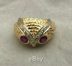 14k Or Jaune Plus Vintage Owl Head Ruby Domaine De Diamant Mens Pinky Anneau