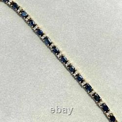 14k Or Jaune Sur Diamant Bleu Ovale Saphir Vintage 6.75. Bracelet De Tennis