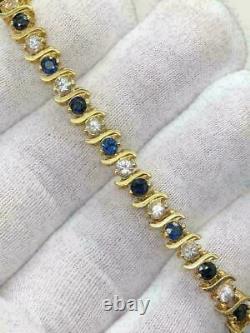 14k Or Jaune Sur Estate & Vintage 8 Ct Saphir & Bracelet De Tennis Diamant 7
