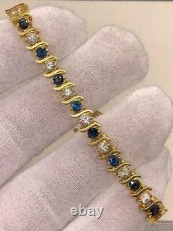 14k Or Jaune Sur Estate & Vintage 8 Ct Saphir & Bracelet De Tennis Diamant 7