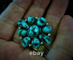1950 Vintage Old Pawn Navajo 925 Argent Sterling Blue Turquoise Fleur Ring 8