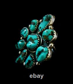 1950 Vintage Old Pawn Navajo 925 Argent Sterling Blue Turquoise Fleur Ring 8