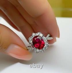 2.50ct Oval Cut Lab Created Red Ruby Halo Women's Ring 14k Blanc Or Plaqué