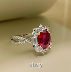 2.50ct Oval Cut Lab Created Red Ruby Halo Women's Ring 14k Blanc Or Plaqué