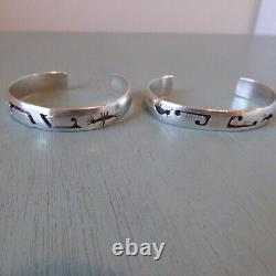 2 Bracelets manchettes estampillés en argent sterling superposé VTG Total 47.7 Gr Signé