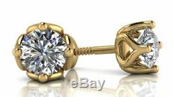 2 Ct Round-cut Diamant Vintage Solitaire Boucles D'oreilles En Or Jaune 14k Fini