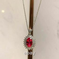 2ct Coupe Ovale Rouge Ruby Halo Pendentif Noël 14k Or Blanc Finition Chaîne Libre