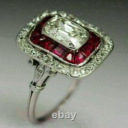 2ct Emerald Cut Vvs1 Diamond & Ruby Art Déco Bague De Fiançailles 14k Or Blanc Sur