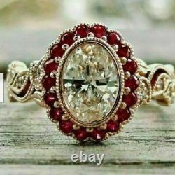 2ct Ovale Simulated Diamond & Ruby Engagement Vintage Anneau 14k Rose Plaqué Or